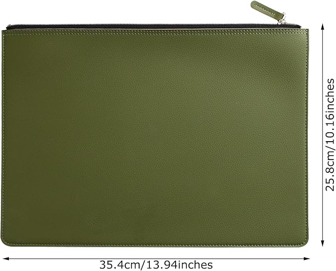 PU Leather A4 File Folder Zipper Document Holder Envelope Folder Case for Receipt Contract (Green)