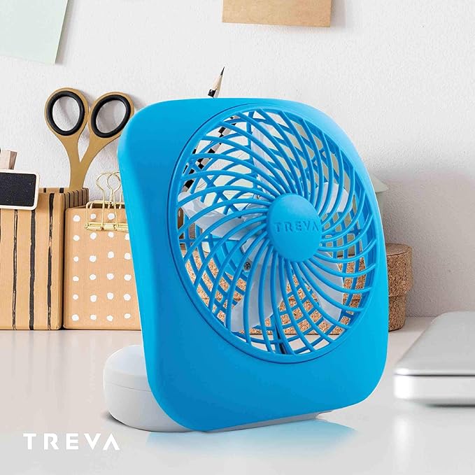 Treva 5 Inch Battery Powered Fan Portable Desk Fan 2 Cooling Speeds with Compact Folding & Tilt Design Cubicle Accessories Small Portable 2 Pack (Blue)