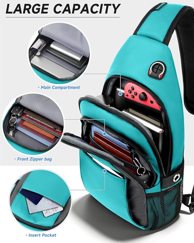 Expandable Sling Bag for Women, Turquoise Anti-Theft Crossbody Bag with Water Bottle Pocket, Summer Travel Essentials for Beach, Theme Park & College, Compatible with 11 inch iPad, Switch 2