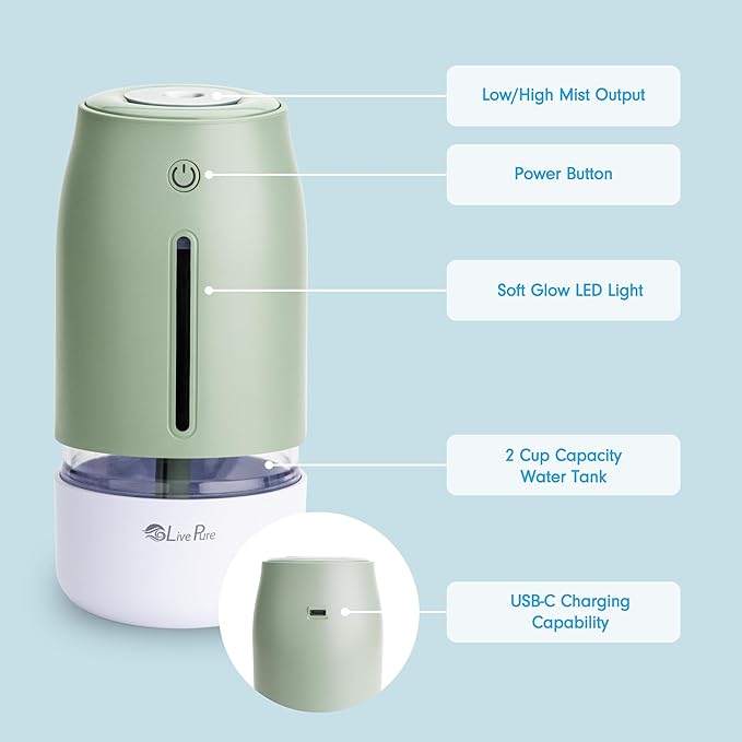 LivePure Cool Mist Humidifiers for Bedroom. Small Humidifier for Babies, Nursery, Plants, Office. Ultrasonic Cool Mist Humidifier w/Quiet Operation, USB-C Rechargeable. Mint Green