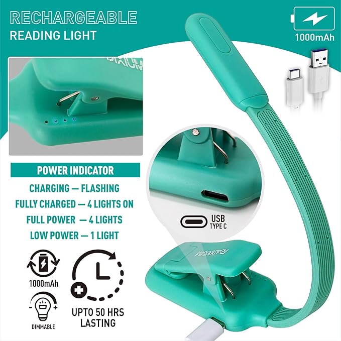 Rechargeable Book Reading Light at night in Bed, Eye Caring 9 LED with 9 Color Temperatures, Stepless Dimming Brightness, Clip on Book Light, Prefect Elegant White Gift for Book Lover.(green)