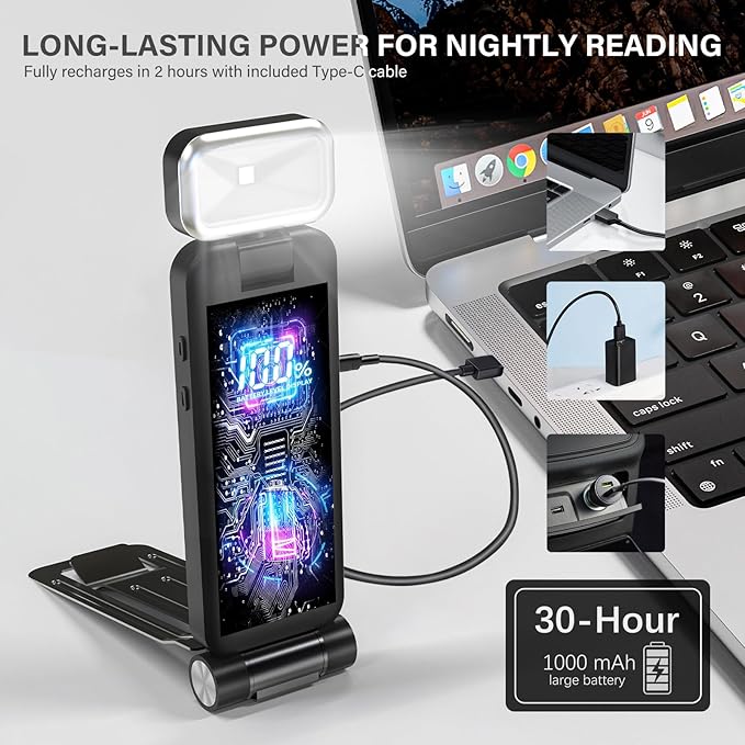 KTEBO Rechargeable Book Light with Clip & Battery Indicator, 9 Luminescence Modes, USB-C Portable 1.6 oz Ultralight Lamp for Night Reading in Bed, Readers - Black