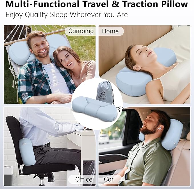 Cervical Neck Roll Pillow, Say Goodbye to Neck Pain, Travel Neck Support Pillow for Side Sleepers, Ergonomic Memory Foam Camping Pillow, Cervical Traction Device with Storage Bag (Blue)