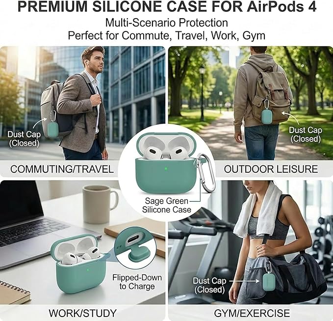 for AirPods 4th Case Cover, Soft Silicone Case with Cleaner Kit, Keychain, Full Protection for Men and Women, Compatible with AirPods 4th Generation (Pine Green)