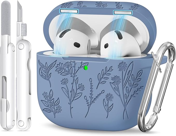 for Airpods 4 Case with Magnetic Lid, Ekoonpft Flower Engraved Cases for Apple AirPods 4th Generation 2024, Soft Silicone Cover for Women Girly with Cleaning Kit & Keychain, Shockproof