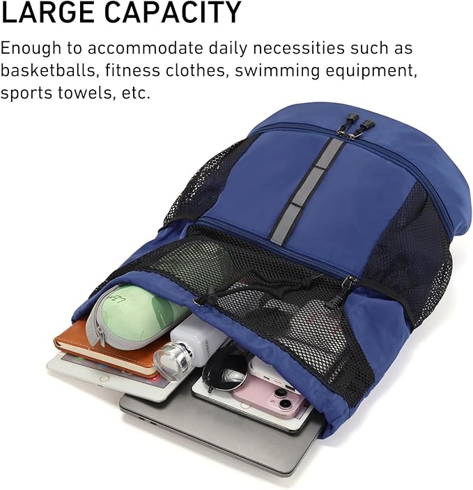 Valleycomfy Drawstring Gym Bag Sports Backpack With Shoe Compartment and Reflective Strips Dark Blue