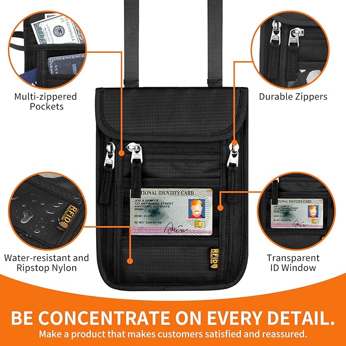 HOTEMIA Neck Wallet for Travel,Passport Holder Neck Pouch for Men Women with Adjustable Neck Strap and RFID Blocking
