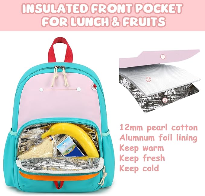 BTOOP Kids Backpack for Boys Girls 3-6, Preschool Kindergarten Backpack with Insulated Lunch Compartment & Chest Strap, Cute Lightweight School Travel Bag Fits A4 Folder