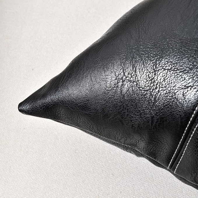Fancy Homi Black Lumbar Faux Leather Decorative Throw Pillow Covers 12x20 Inch for Living Room Couch Bed Sofa, Boho Farmhouse Home Decor, Hand Stitched Rectangle Cushion Case 30x50 cm