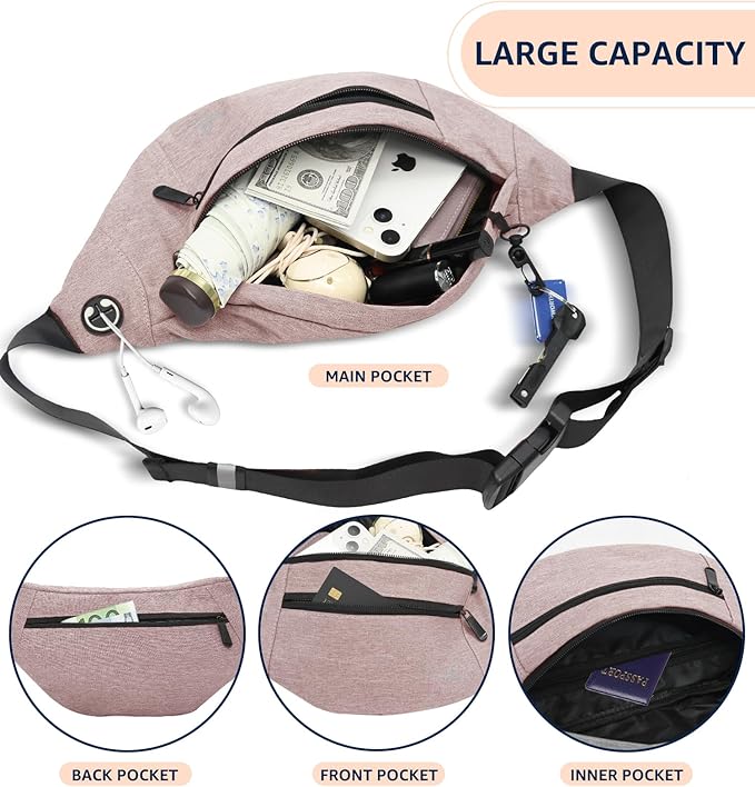 HiRui Large Crossbody Fanny Pack for Men Women Waist Bag Pack with 4-Zipper Pockets Phone Bag Fits All Phones Wallet Keys, Casual Hands-Free Waist Pack for Travel Workout Running (Pink)