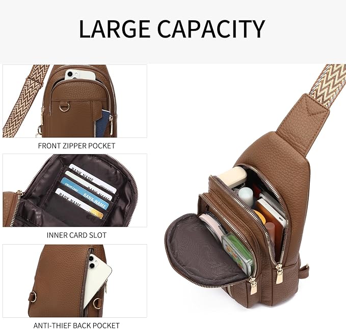GAEKEAO Sling Bag for Women Vegan Leather Crossbody Bags Travel Fanny Pack Chest Bag Purse with Adjustable Wide Guitar Strap