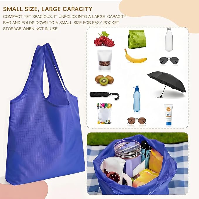 2 Pack Extra Large Foldable Shopping Bag, Waterproof Reusable Grocery Tote Bag Holder, Nylon (Purple)