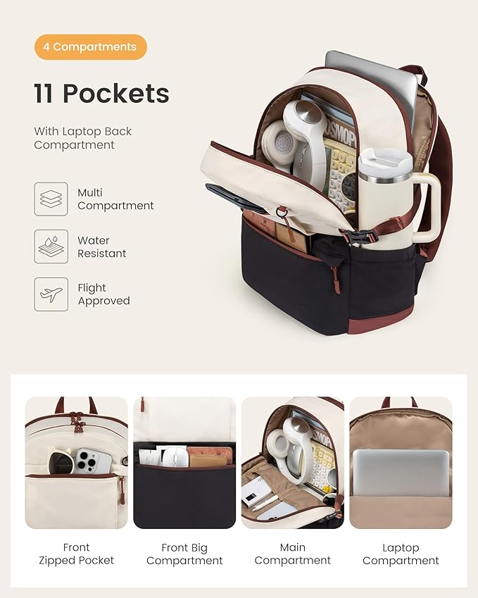 LOVEVOOK Laptop Backpack for Women with Giant Tumbler Holder,17.3 Inch Laptop Computer Bag Travel Backpack Purse,Waterproof Work Business Backpack College Bookbag Teacher Bags,Beige-Black-Brown