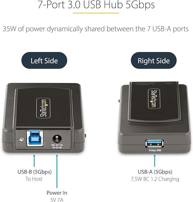 StarTech.com 7-Port USB Hub with On/Off Switch, USB 3.0 5Gbps, USB-A to 7x USB-A, Self Powered USB-A Expansion Hub w/ 35W Power Supply