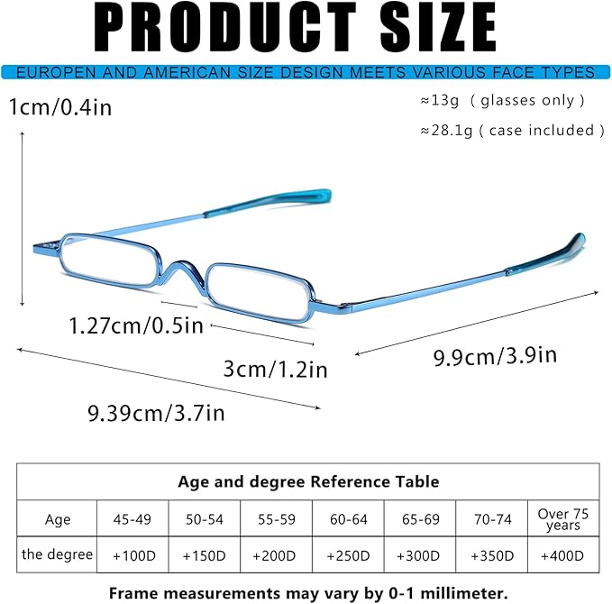 Viseng Slim Mini Metal Reading Glasses Compact Lightweight Portable Readers with Glasses Case for Reading Case Black+Blue+1.0