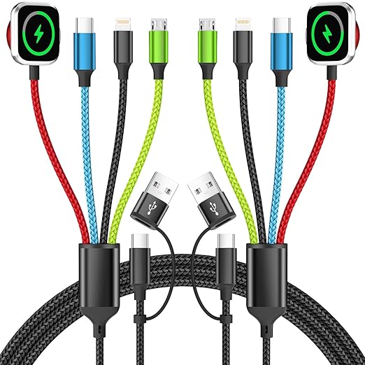 Travel Essentials 2026 4-in-2 Multi Charging Cable with iWatch Charger [2Pack 5FT], Nylon Charging Cords, USB C USB A Phone Charger for Multiple Devices, Cruise Essentials Car Accessories