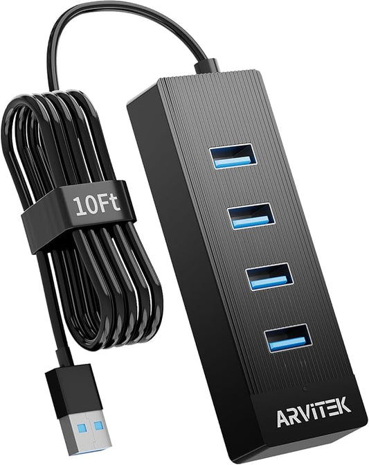 10Ft 4-Port USB 3.0 Hub Long Cable for PC, USB Extender Hub 5Gbps, USB Multiport Adapter, USB Splitter w/Long Cable for Desktop, Laptop, Flash Drive, Mobile HDD, USB Fan (10 Foot / 3m)