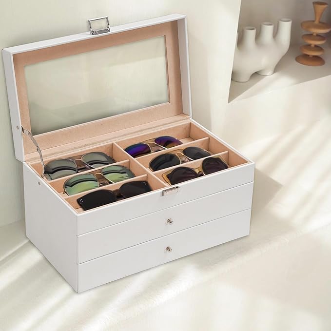 ProCase 3-layer Sunglasses Storage Organizer, 18 Slots Leather Sunglass Box Multiple Pairs Eyeglass Cases Eye Glass Eyewear Display Holder for Men Women, Valentine's Day Gift -White