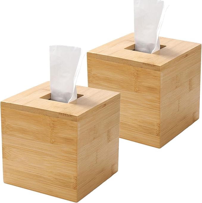Bamboo Tissue Box Cover, Square Wood Tissue Box Holder, Wooden Facial Paper Holder for Bathroom, Bedroom, Dinner Table, Office (2 Pack, 5.7 x 5.7 x 5.7 inch)