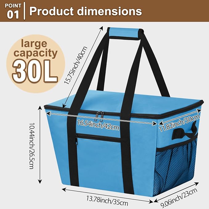 Reusable Grocery Bag – Expandable Insulated Cooler Bag with Bottom Board, Collapsible Insulated Shopping Bag with Zipper & Drawstring, Heavy Duty Tote Bag for Shopping, Delivery, Picnic, Beach