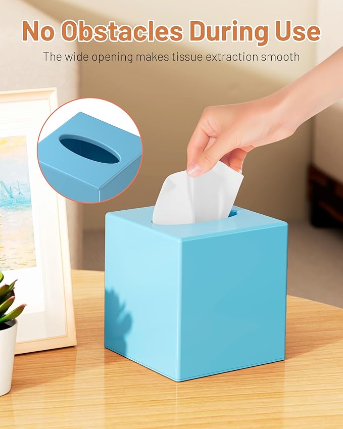 Tissue Box Cover, Square Plastic Tissue Box Holder with Anti Slip Base, Modern Decor Facial Napkin Holder for Bathroom Vanity Countertop, Bedroom Dresser, Night Stand, Parlors, Offices, Blue