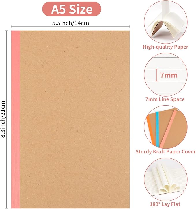 30 Pack Lined Notebook Journals Bulk, A5 College Ruled Composition Notebook, 8.3”x 5.5”,Kraft Cover with Rainbow Spines, 15 Colors 60 Pages for School Office Travel