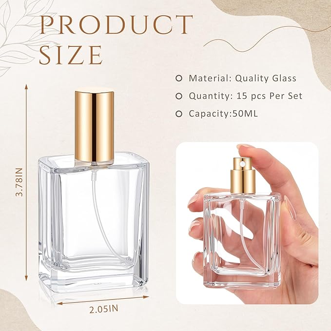 Domensi 15 Pcs 10/15/30/50 ml Glass Perfume Bottles Mini Glass Empty Spray Atomizer Bottles Bulk Refillable Perfume Dispenser Container with Pump Tool for Travel Skin Care (50 ml,Gold)