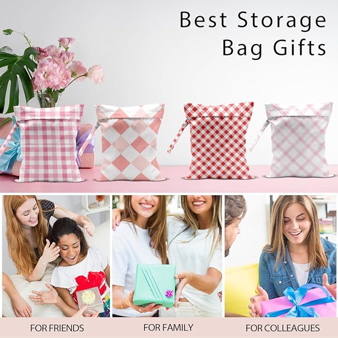 Wet Bag, 4Pcs Wet Dry Bag Set, Reusable Waterproof Bags with Pink Gingham & Red Diamond Patterns for Women, Practical for Travel & Daily Essentials Storage
