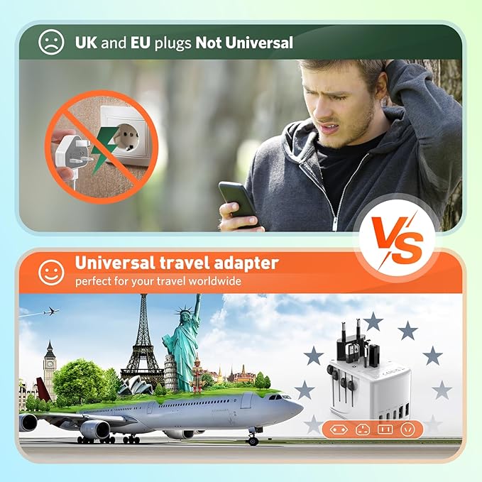 Universal Travel Adapter International Plug - European Travel Plug Adapter Worldwide US AUS EU UK Spain Germany Ireland Italy - All-in-one Travel Outlet Power Adapter with 3 USB C 2 USB A