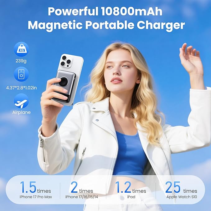 Ekrist Magnetic Portable Charger for MagSafe with Built-in Cable,iWatch Charger,Wireless Power Bank Travel Essentials,25W Fast Charging Battery Pack for iPhone 17/16/15,Apple Watch(Sliver,10800mAh)