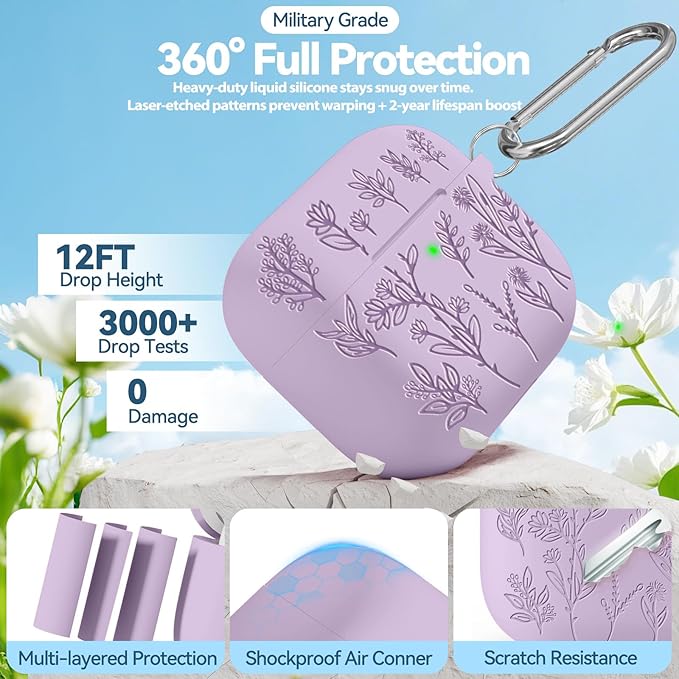 for Airpods 4 Case, Ekoonpft Flower Engraved Cases for Apple AirPods 4th Generation 2024, Soft Silicone Cover for Women Girly with 3-in-1 Cleaning Kit & Keychain, Anti-Scratch, Shockproof
