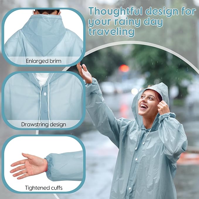 Rain Ponchos for Adults Reusable Rain Coats with Hood and Drawstring Thicken Ponchos Waterproof for Women(Blue Gray)