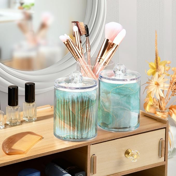 2 Pack Qtip Holder Dispenser Turquoise Marble Bathroom Storage Canister Lid 10 oz Acrylic Plastic Apothecary Jar Set Vanity Makeup Organizer for Cotton Swab/Ball/Round Pads, Floss