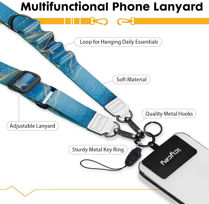Icycay Phone Lanyard Crossbody, Blue Marble Cell Phone Strap for Around The Neck Adjustable, Anti Theft Cute Lanyard for ID Holder Keys Accessories Travel Essential