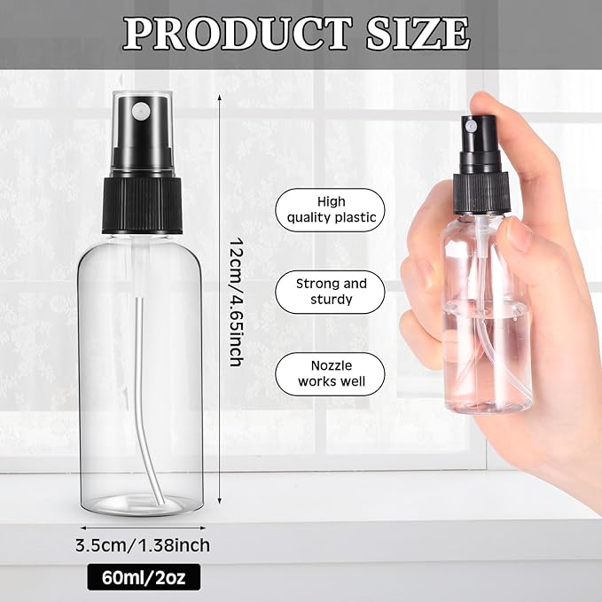 Roshtia 50 Pcs 2 oz Plastic Mini Spray Bottles with Black Cap Clear Empty Fine Mist Spray Bottles Refillable Liquid Container for Essential Oils Perfumes Travel Makeup