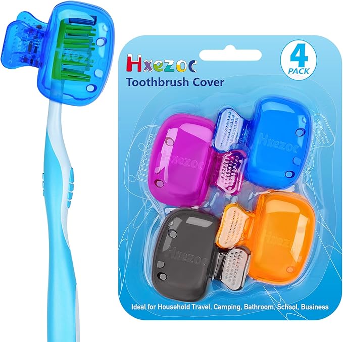 Hxezoc 4 Pack Travel Toothbrush Head Covers Toothbrush Protector Cap Brush Pod Case Protective Portable Plastic Clip for Household Travel, Business, School, Bathroom, Camping
