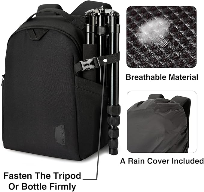 BAGSMART Small Camera Bag Backpack, DSLR SLR Camera Case Fits 13.3 Inch Laptop, Waterproof Photography Backpacks with Rain Cover Tripod Holder for Women Men, Black