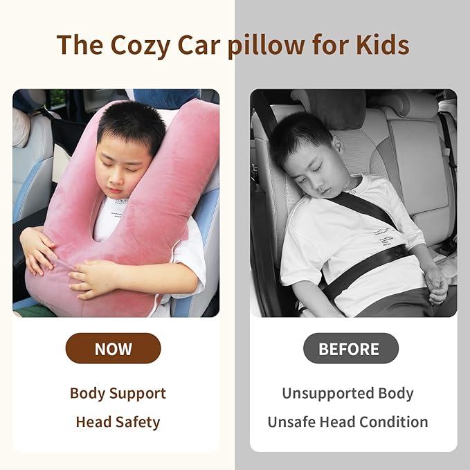 Travel Pillow for Kids & Adults, Car Pillow for Back Seat, Sleeping Support Cushion for Long Road Trips, Toddler Carseat Pillow with Removable & Washable Cover, Pink