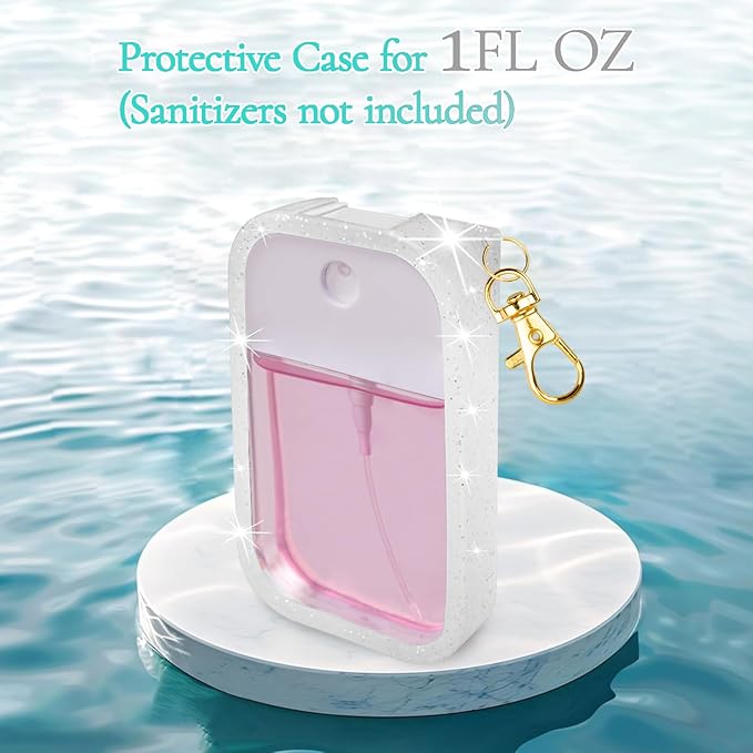 Silicone Case Compatible with Touchland Hand Sanitizer Spray, Protective Case with Keychain for 1 fl oz, Hand Sanitizer Spray Accessory (Glitter Sequin Sliver, 1 Ounces)