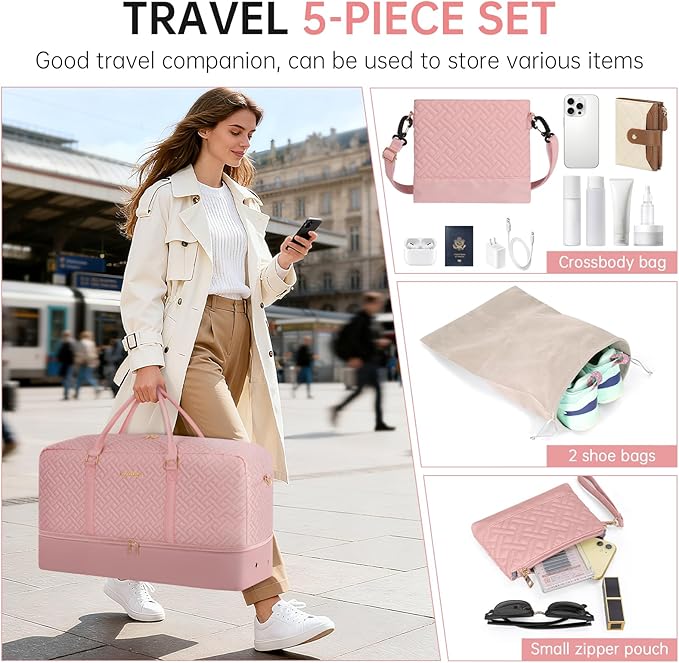 Weekender Bag for Women, 5 Pcs Set Carry on Overnight Bag, 21" Travel Duffel Bag with Waterproof Shoe Compartment for Weekend Travel Business Trip