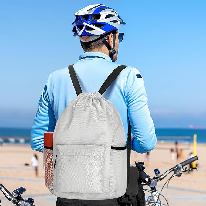 Waterproof Drawstring Bag, Lightweight String Backpack with Water Bottle Holder and Pockets, Gym Sports Cinch Sackpack (Grey)