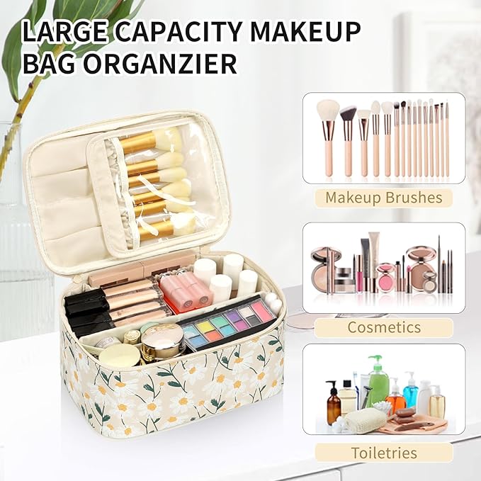 OCHEAL Makeup Bag,Travel Makeup Organizer Bag, Cute Cosmetic Bags for Women Girls Travel Toiletry Bag Traveling With Brush Slot And Divider-Floral