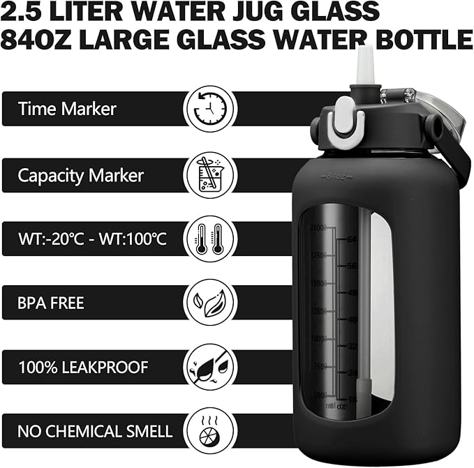 84oz Glass Water Bottle with Straw, 2.5 Liter Large Water Bottle with Silicone Sleeve and OZ Marker, Wide Mouth Gallon Glass Bottle with 2-in-1 Lid, Leakproof Water Jug for Gym Home, Black