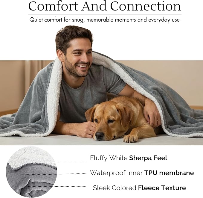 Waterproof Blanket for Bed (80"x60" Queen Size) – Reversible Plush Sherpa Fleece, Moisture Absorbent TPU Layer, Stain Proof Mattress & Couch Protector – Machine Washable - Gray