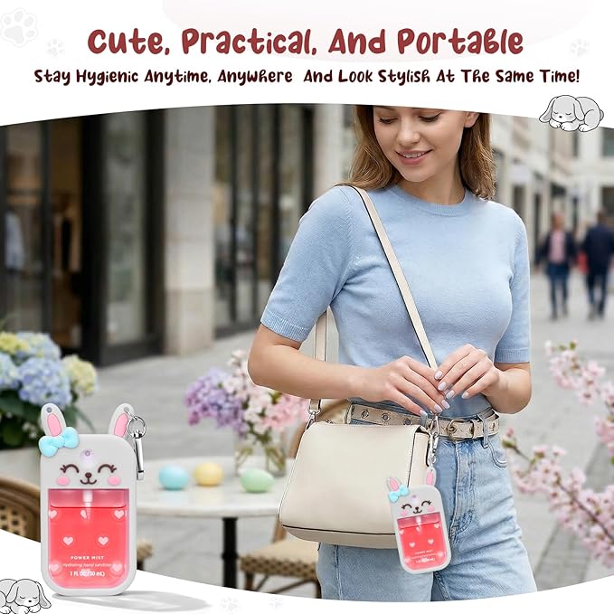 Bunny Silicone Case for Touchland Hand Sanitizer Spray with Keychain Holder, Compatible with Power Mist & Glow Mist 1 FL Oz/30ML for Touchland Case, Easter Cute Travel Cover Sleeve Grey