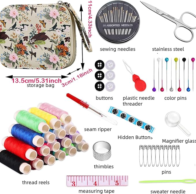Travel Basic Hand Sewing Kit for Adults | Professional Portable Sewing Supplies with Sewing Thread,Garden Style Butterflies Sewing Kit for Beginners