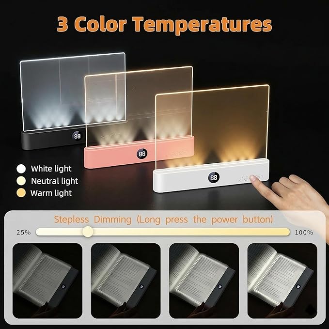 Book Light for Reading in Bed at Night, Rechargeable Flat Book Light with 3 Color Modes & Timer, Dimmable Full Page Light, Clear LED Page Reading Light for Travel (White)