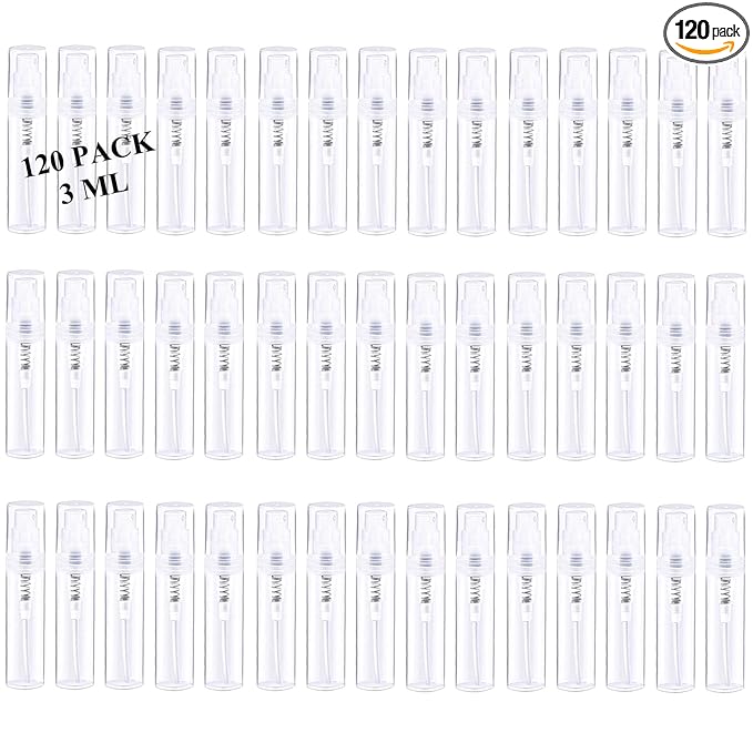 Mini Spray Bottle, Clear Plastic Empty Sample Containers, Fine Mist Perfume Travel Refillable Spray Bottle Perfume Atomizer Small Portable Bottle for Cleaning, Essential Oils 120Pcs 3ml