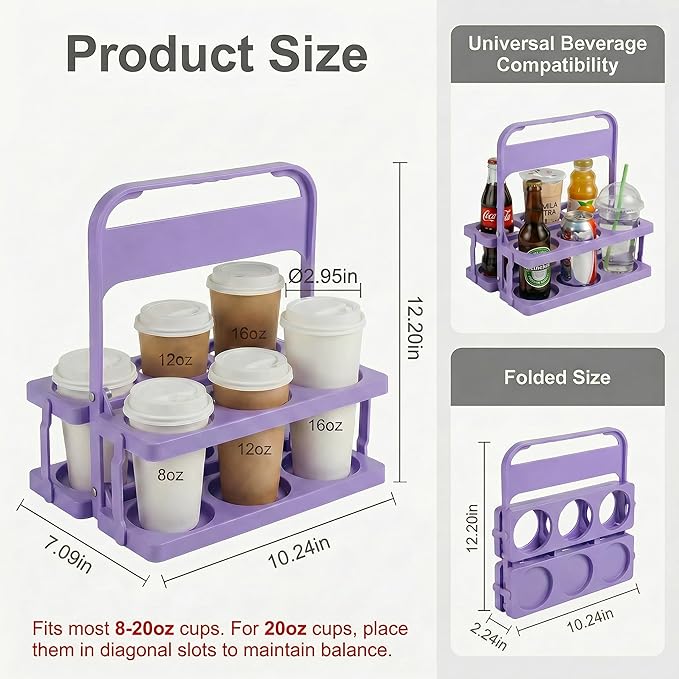 6 Cup Drink Carrier for Delivery - Foldable Drink Holder with Handle, Reusable Cup Carrier for Drinks, Portable Beverage Caddy Accessories for Parties, Camping, Car, Coffee & Bottles (Lavender)