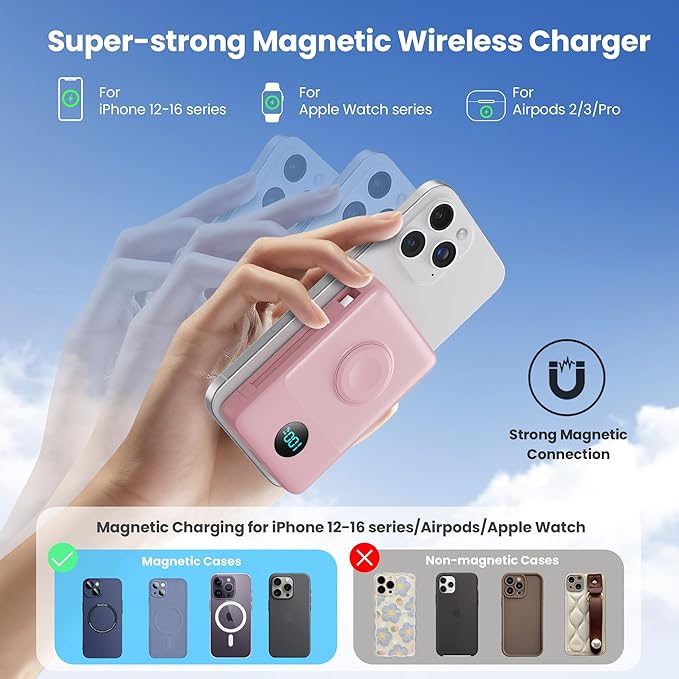 Ekrist Magnetic Portable Charger for MagSafe with Built-in Cable,iWatch Charger,Wireless Power Bank Travel Essentials,25W Fast Charging Battery Pack for iPhone 17/16/15,Apple Watch(Pink,10800mAh)